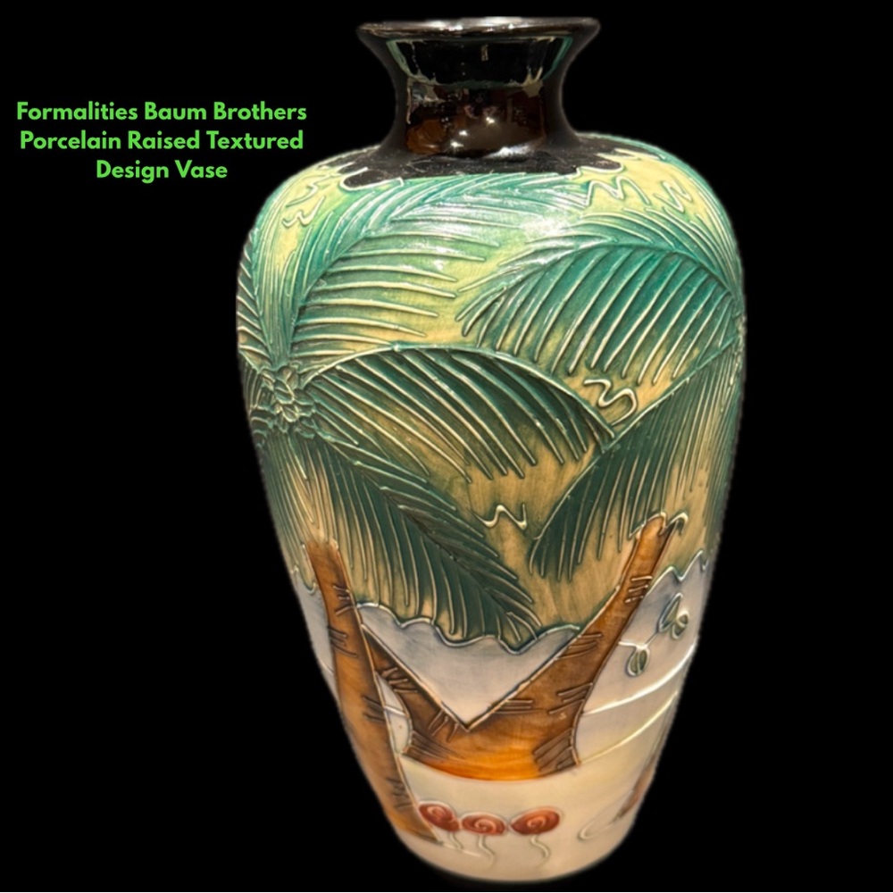 Baum Brother / Formalities Green and Tan Palm Design Vase